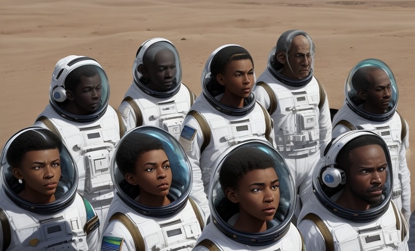 A group of African American astronauts stand nearby