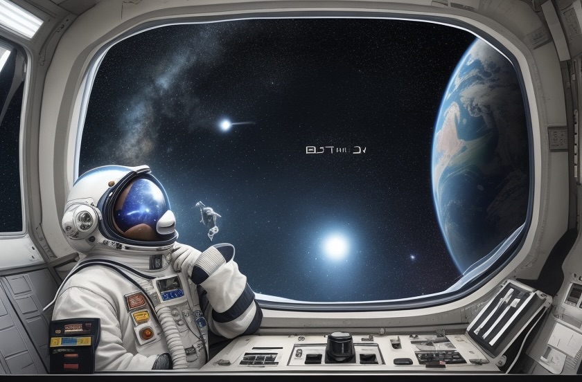 An astronaut looks at the planet from his spaceship
