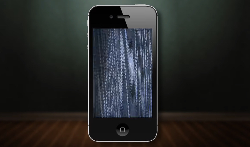 A smartphone with a glitched screen displaying vertical blue and white lines, centered against a dark background with a spotlight effect