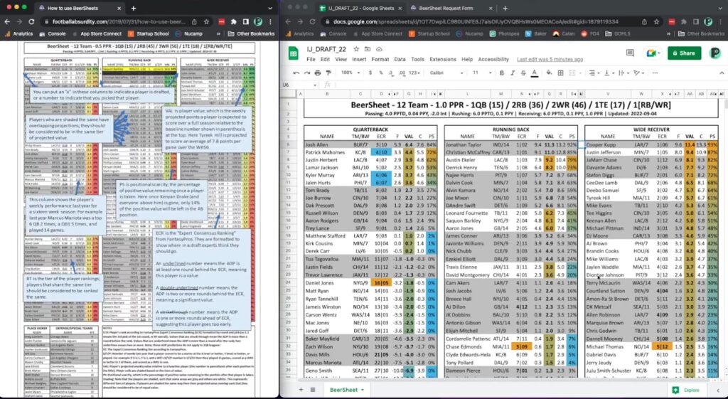 Split-screen of detailed BeerSheets for fantasy football draft analysis