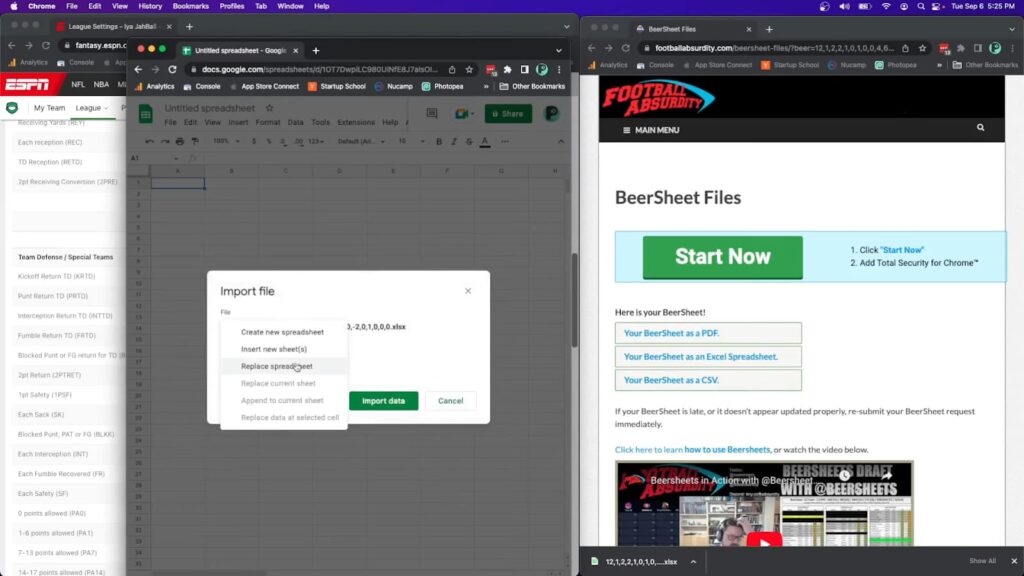 Fantasy league settings and BeerSheet import on a screen