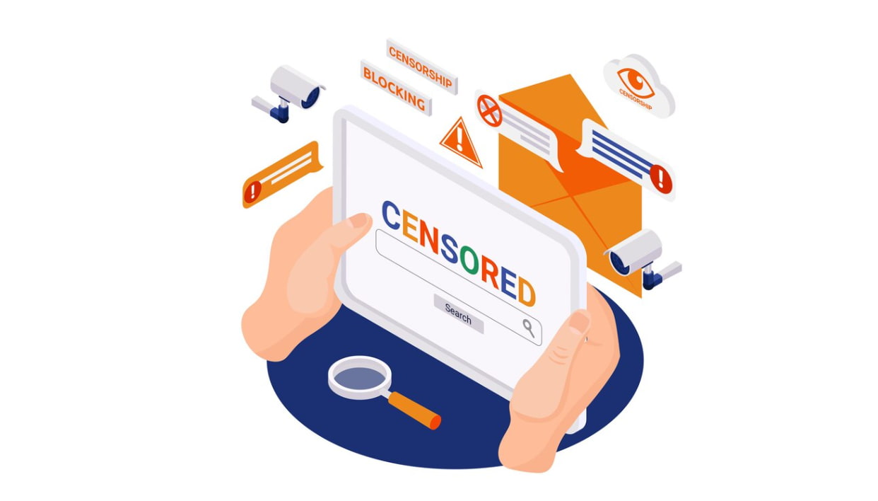 graphic of hands holding a tablet displaying 'CENSORED' with surveillance and warning icons